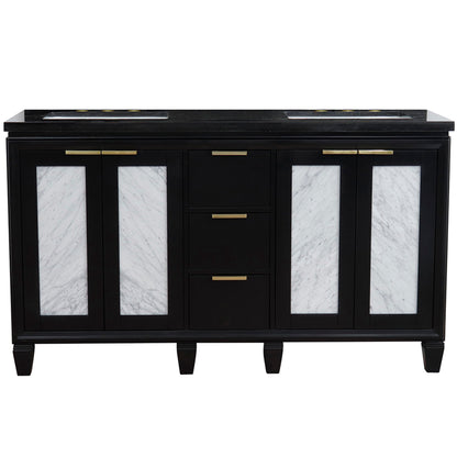 61" Double sink vanity in Black finish with Black galaxy granite and rectangle sink