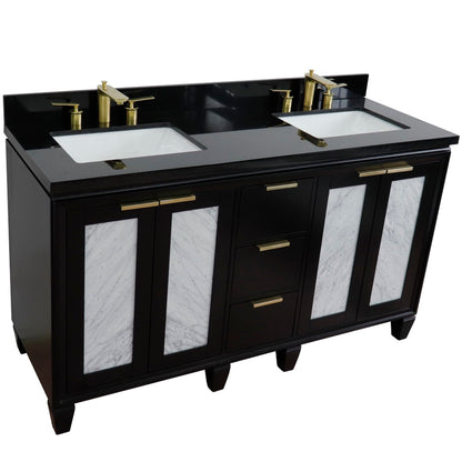 61" Double sink vanity in Black finish with Black galaxy granite and rectangle sink