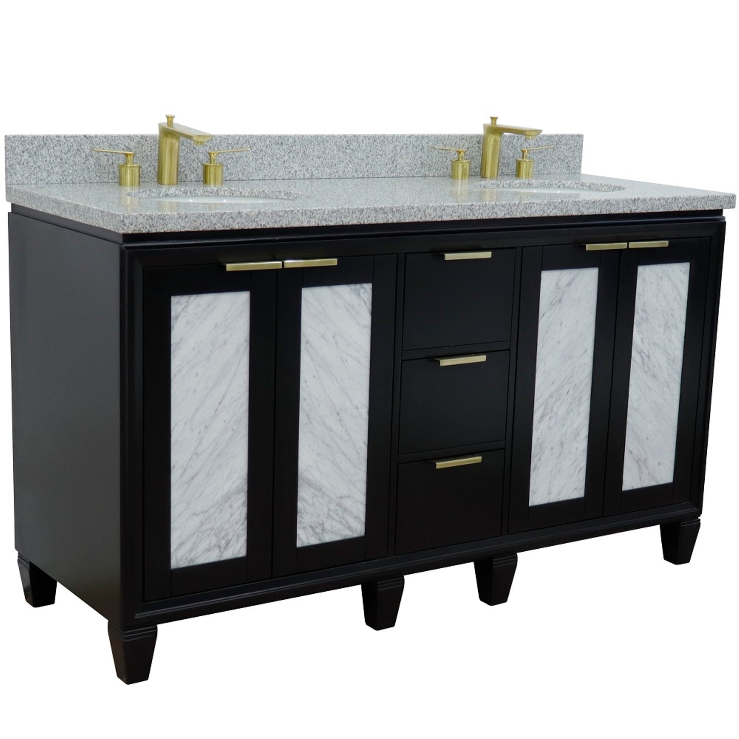 61" Double sink vanity in Black finish with Gray granite and oval sink
