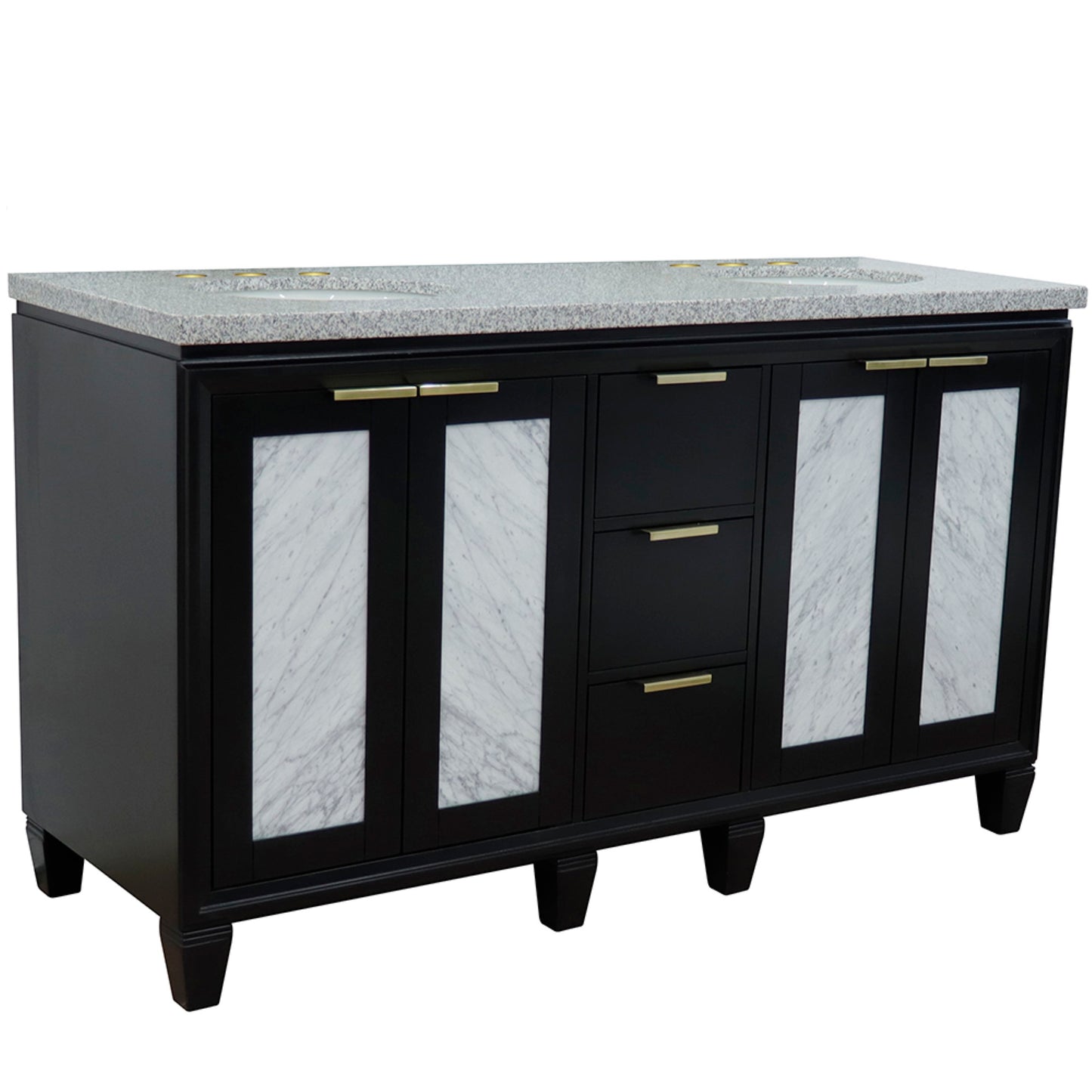 61" Double sink vanity in Black finish with Gray granite and oval sink