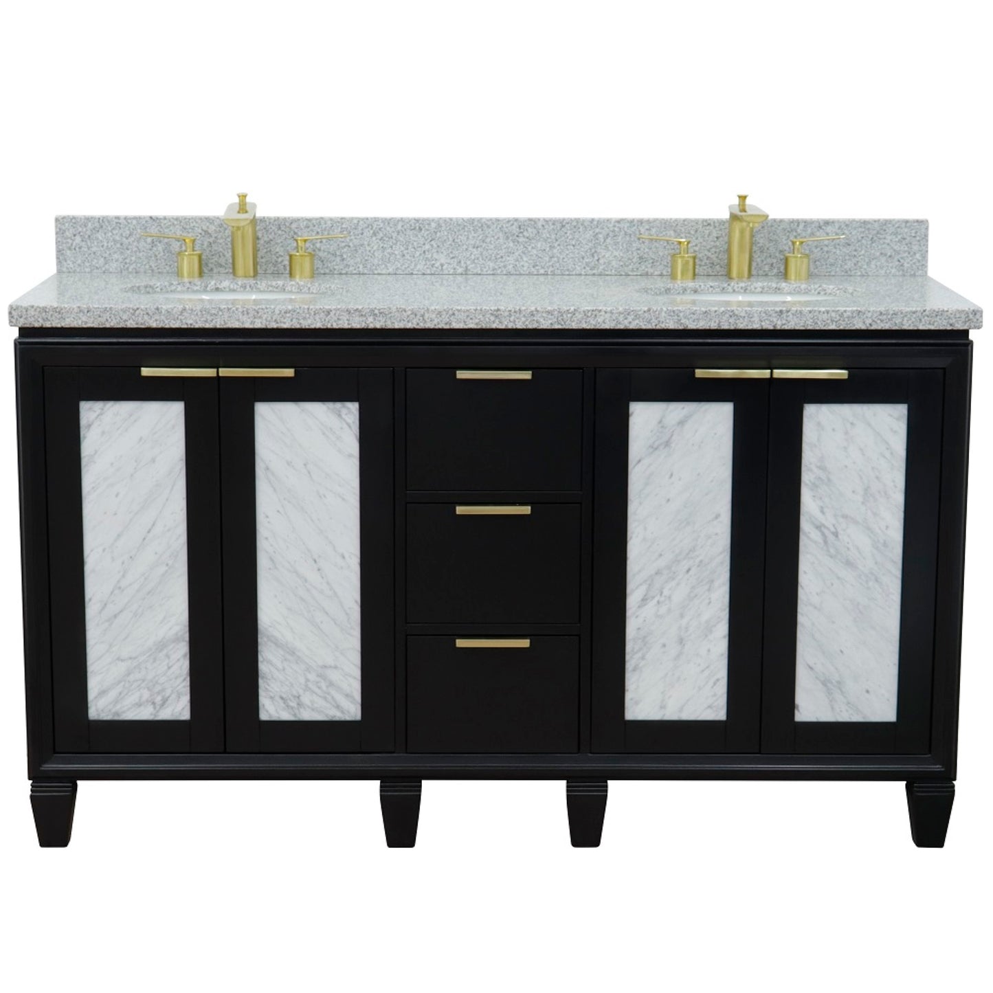 61" Double sink vanity in Black finish with Gray granite and oval sink