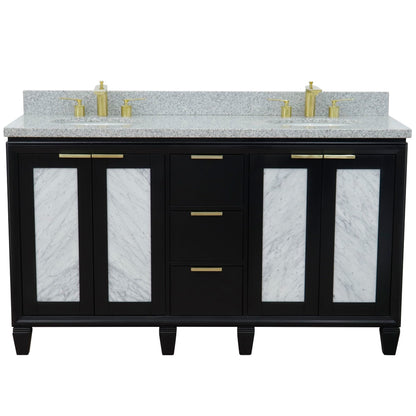 61" Double sink vanity in Black finish with Gray granite and oval sink
