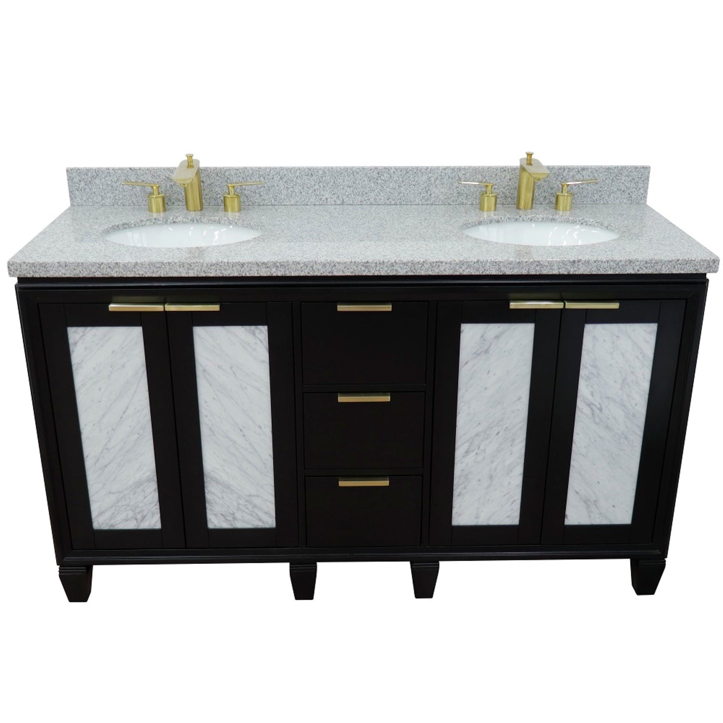 61" Double sink vanity in Black finish with Gray granite and oval sink