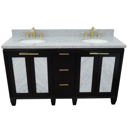 61" Double sink vanity in Black finish with Gray granite and oval sink