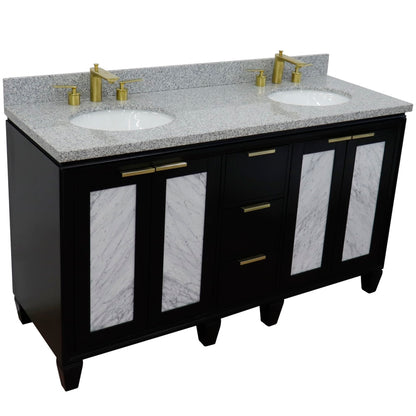 61" Double sink vanity in Black finish with Gray granite and oval sink
