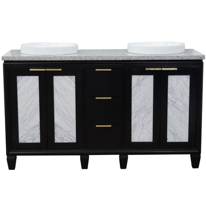 61" Double sink vanity in Black finish with Gray granite and round sink