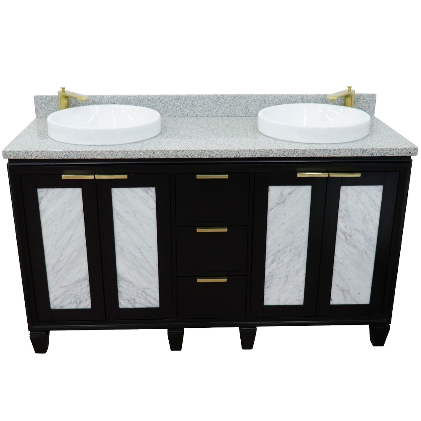 61" Double sink vanity in Black finish with Gray granite and round sink