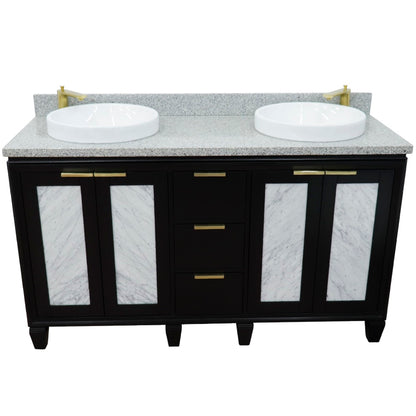 61" Double sink vanity in Black finish with Gray granite and round sink