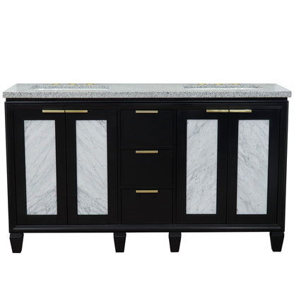 61" Double sink vanity in Black finish with Gray granite and rectangle sink