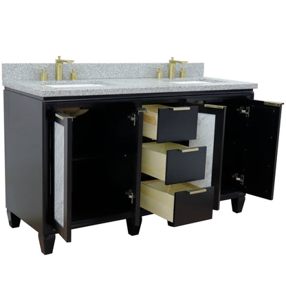 61" Double sink vanity in Black finish with Gray granite and rectangle sink