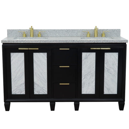 61" Double sink vanity in Black finish with Gray granite and rectangle sink