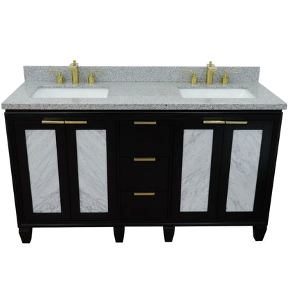 61" Double sink vanity in Black finish with Gray granite and rectangle sink