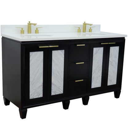 61" Double sink vanity in Black finish with White engineered stone and oval sink