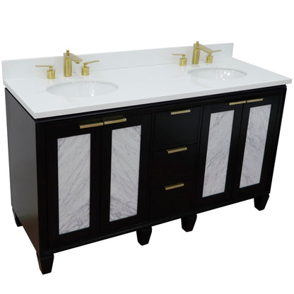 61" Double sink vanity in Black finish with White engineered stone and oval sink