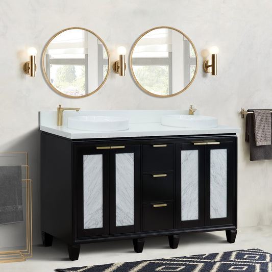 61" Double sink vanity in Black finish with White engineered stone and round sink