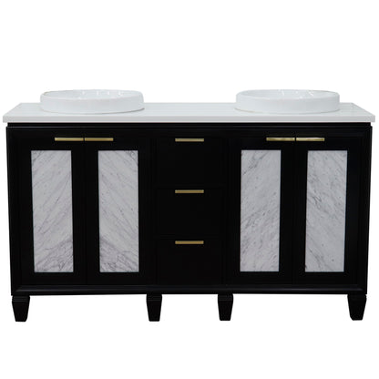 61" Double sink vanity in Black finish with White engineered stone and round sink