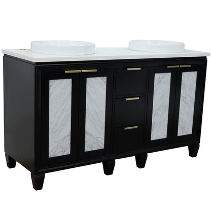 61" Double sink vanity in Black finish with White engineered stone and round sink