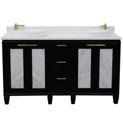 61" Double sink vanity in Black finish with White engineered stone and round sink