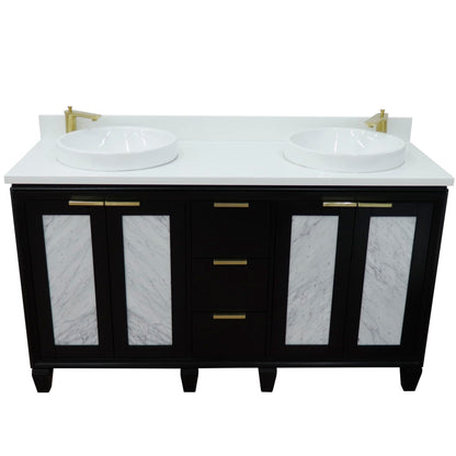 61" Double sink vanity in Black finish with White engineered stone and round sink