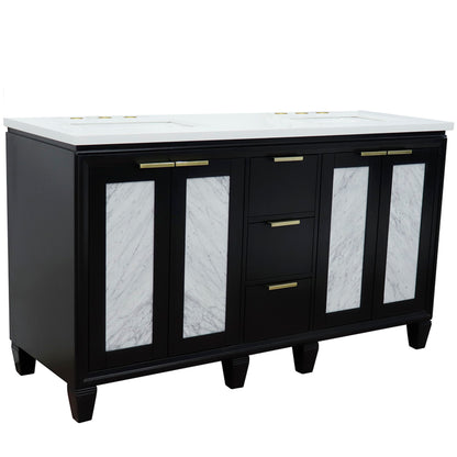 61" Double sink vanity in Black finish with White engineered stone and rectangle sink