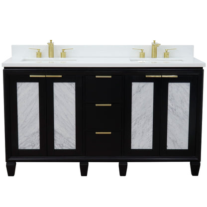 61" Double sink vanity in Black finish with White engineered stone and rectangle sink