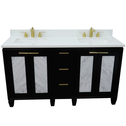 61" Double sink vanity in Black finish with White engineered stone and rectangle sink