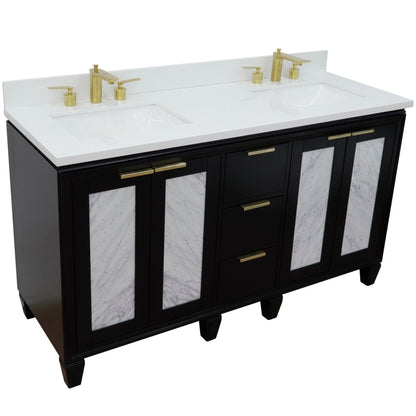 61" Double sink vanity in Black finish with White engineered stone and rectangle sink