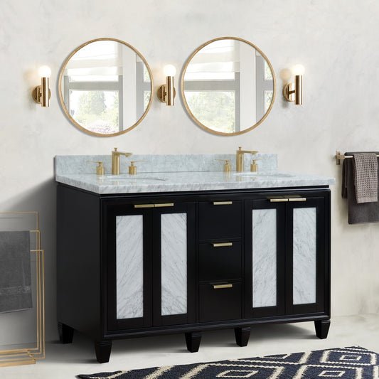 61" Double sink vanity in Black finish with White Carrara marble and oval sink