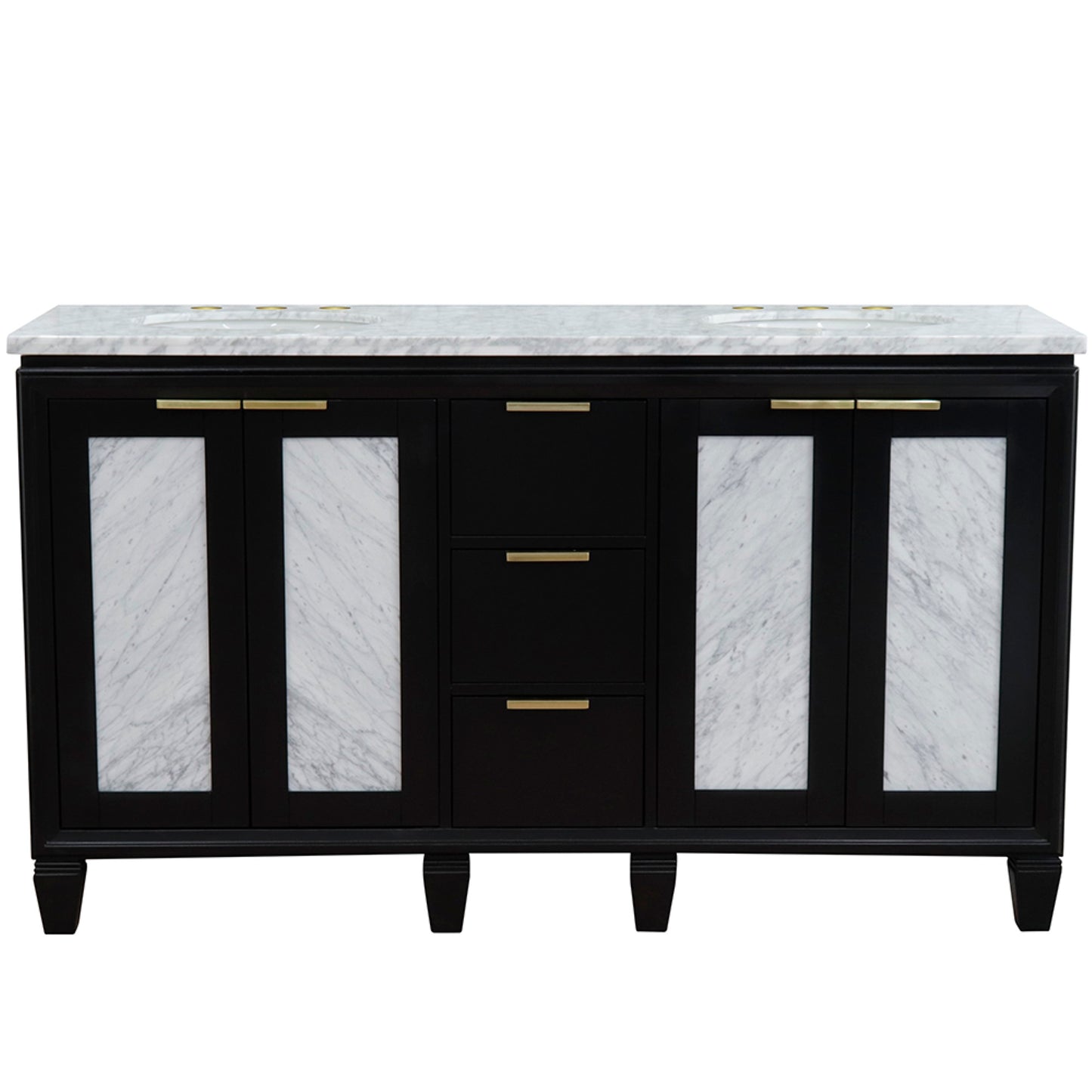 61" Double sink vanity in Black finish with White Carrara marble and oval sink