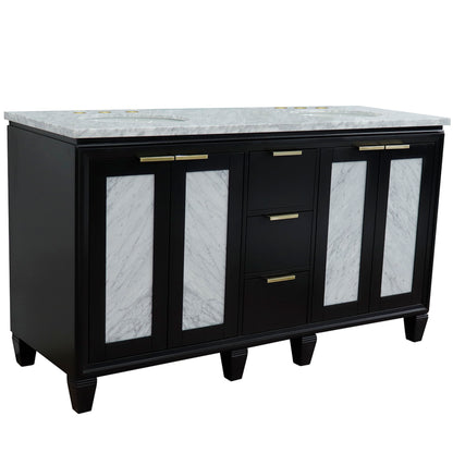 61" Double sink vanity in Black finish with White Carrara marble and oval sink