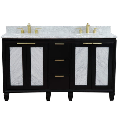 61" Double sink vanity in Black finish with White Carrara marble and oval sink