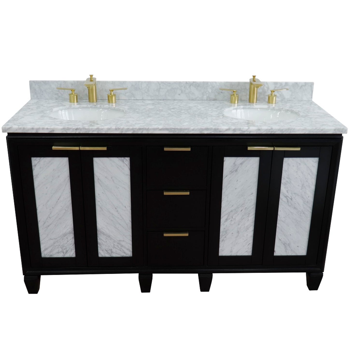 61" Double sink vanity in Black finish with White Carrara marble and oval sink