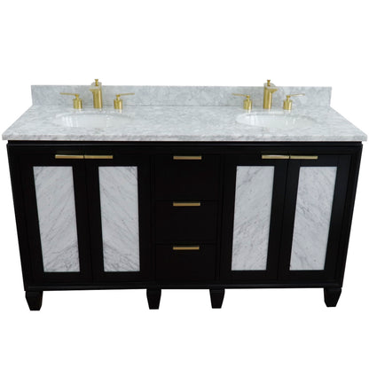 61" Double sink vanity in Black finish with White Carrara marble and oval sink