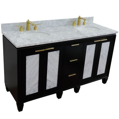 61" Double sink vanity in Black finish with White Carrara marble and oval sink