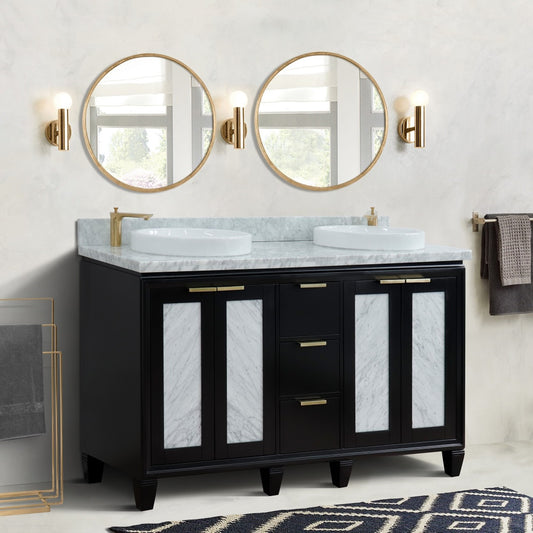 61" Double sink vanity in Black finish with White Carrara marble and round sink