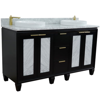 61" Double sink vanity in Black finish with White Carrara marble and round sink