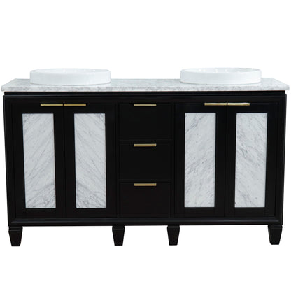 61" Double sink vanity in Black finish with White Carrara marble and round sink