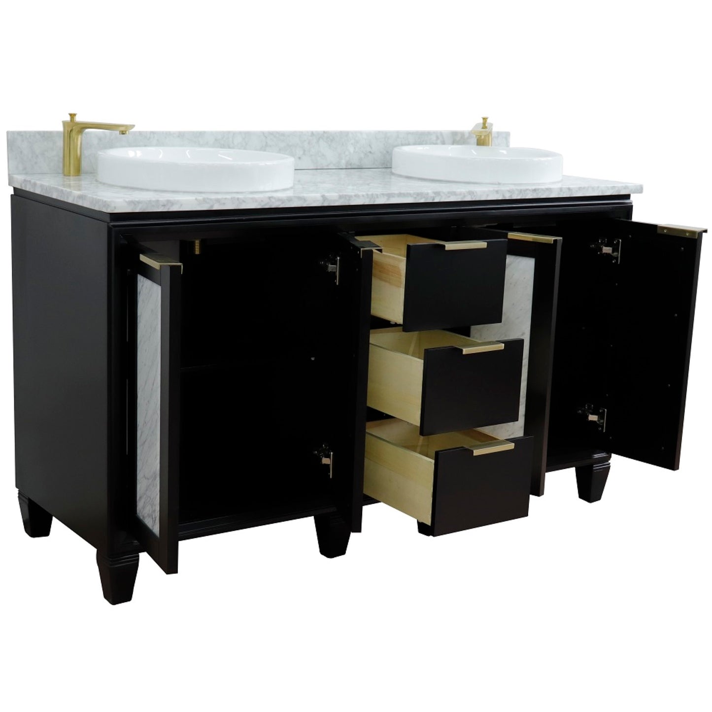 61" Double sink vanity in Black finish with White Carrara marble and round sink