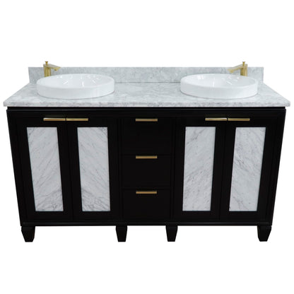 61" Double sink vanity in Black finish with White Carrara marble and round sink