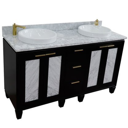 61" Double sink vanity in Black finish with White Carrara marble and round sink