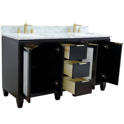 61" Double sink vanity in Black finish with White Carrara marble and rectangle sink