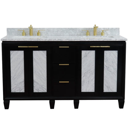 61" Double sink vanity in Black finish with White Carrara marble and rectangle sink