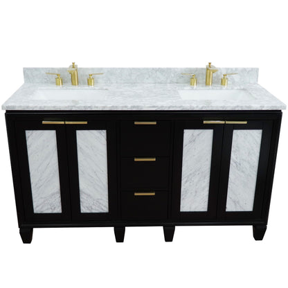 61" Double sink vanity in Black finish with White Carrara marble and rectangle sink