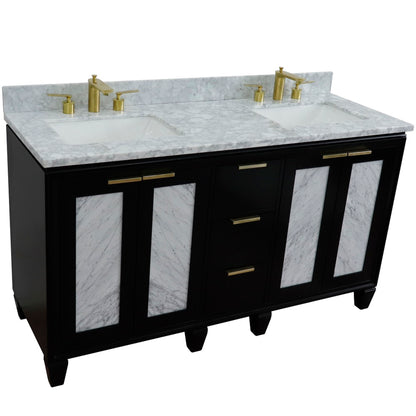 61" Double sink vanity in Black finish with White Carrara marble and rectangle sink