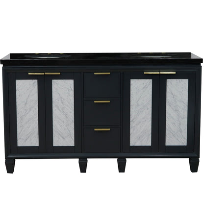 61" Double sink vanity in Dark Gray finish with Black galaxy granite and oval sink