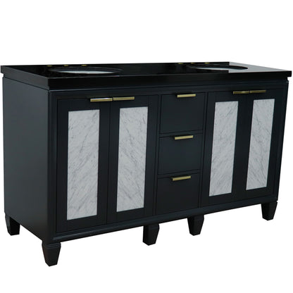 61" Double sink vanity in Dark Gray finish with Black galaxy granite and oval sink