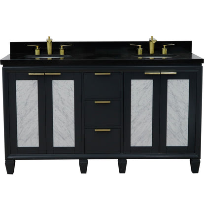 61" Double sink vanity in Dark Gray finish with Black galaxy granite and oval sink