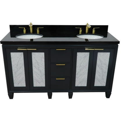 61" Double sink vanity in Dark Gray finish with Black galaxy granite and oval sink
