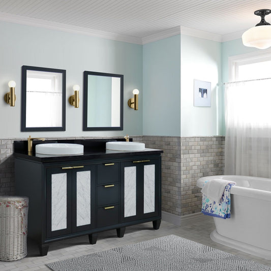 61" Double sink vanity in Dark Gray finish with Black galaxy granite and round sink
