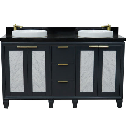 61" Double sink vanity in Dark Gray finish with Black galaxy granite and round sink